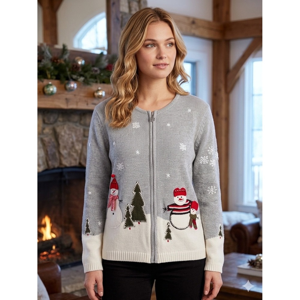 B. Moss Womens Retro Gray Snowman Christmas Zip Up Cardigan Sweater Size Medium